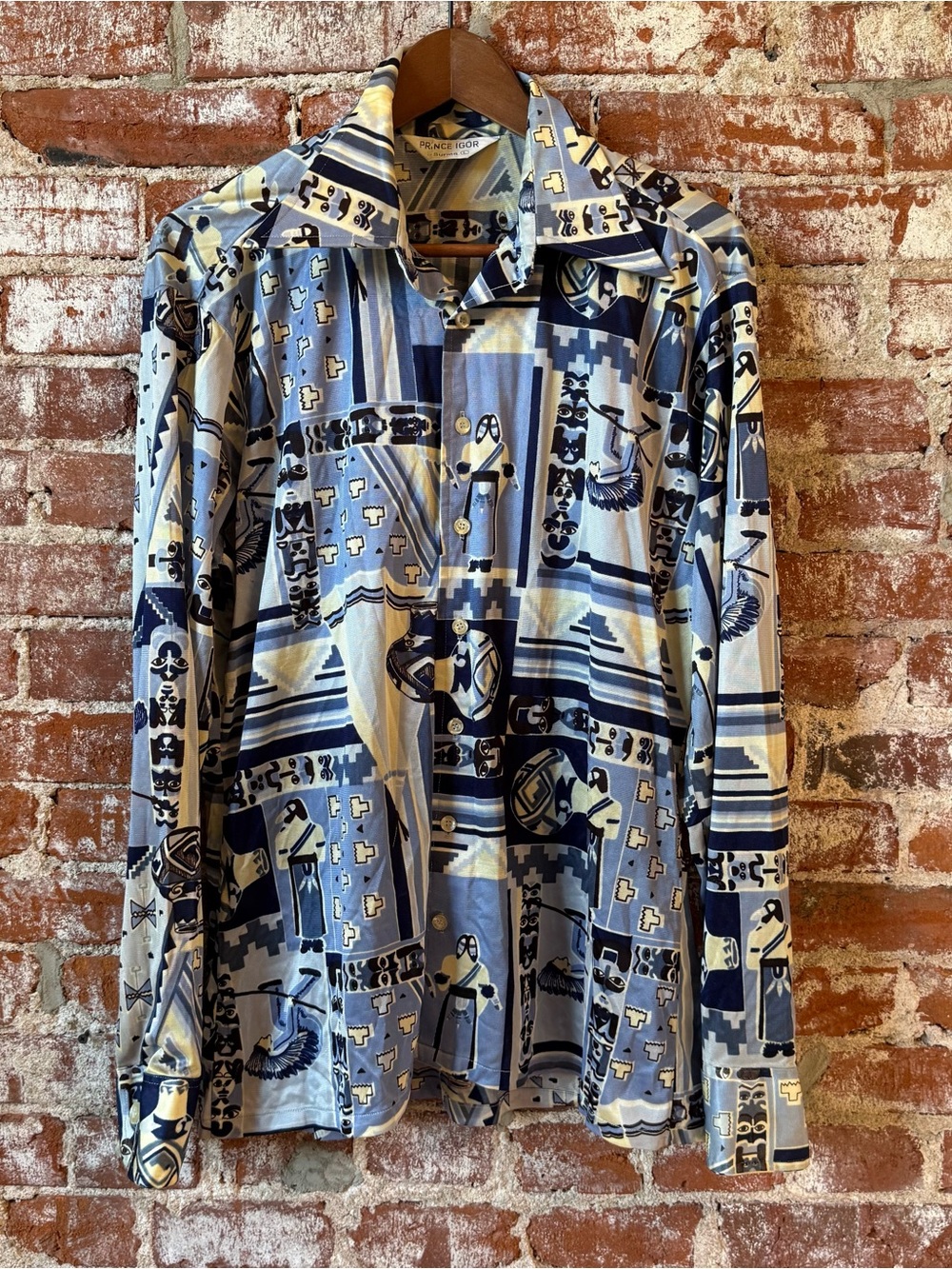 Prince Igor Mens  Disco Vintage Collar Shirt Native American Print Large Blue